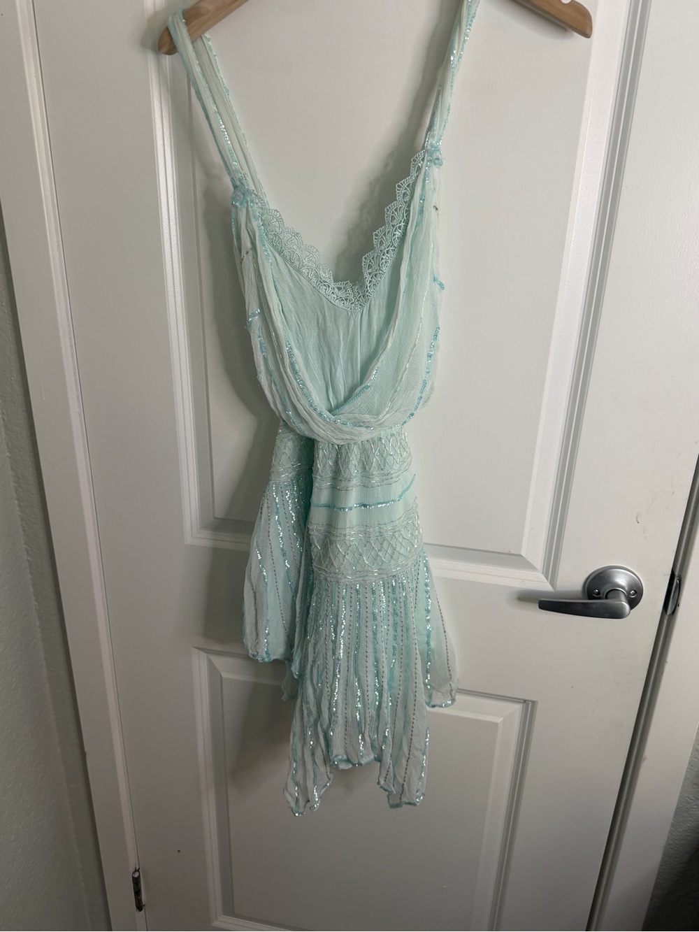 Free People Light Aqua Beaded High-Low Slip Dress